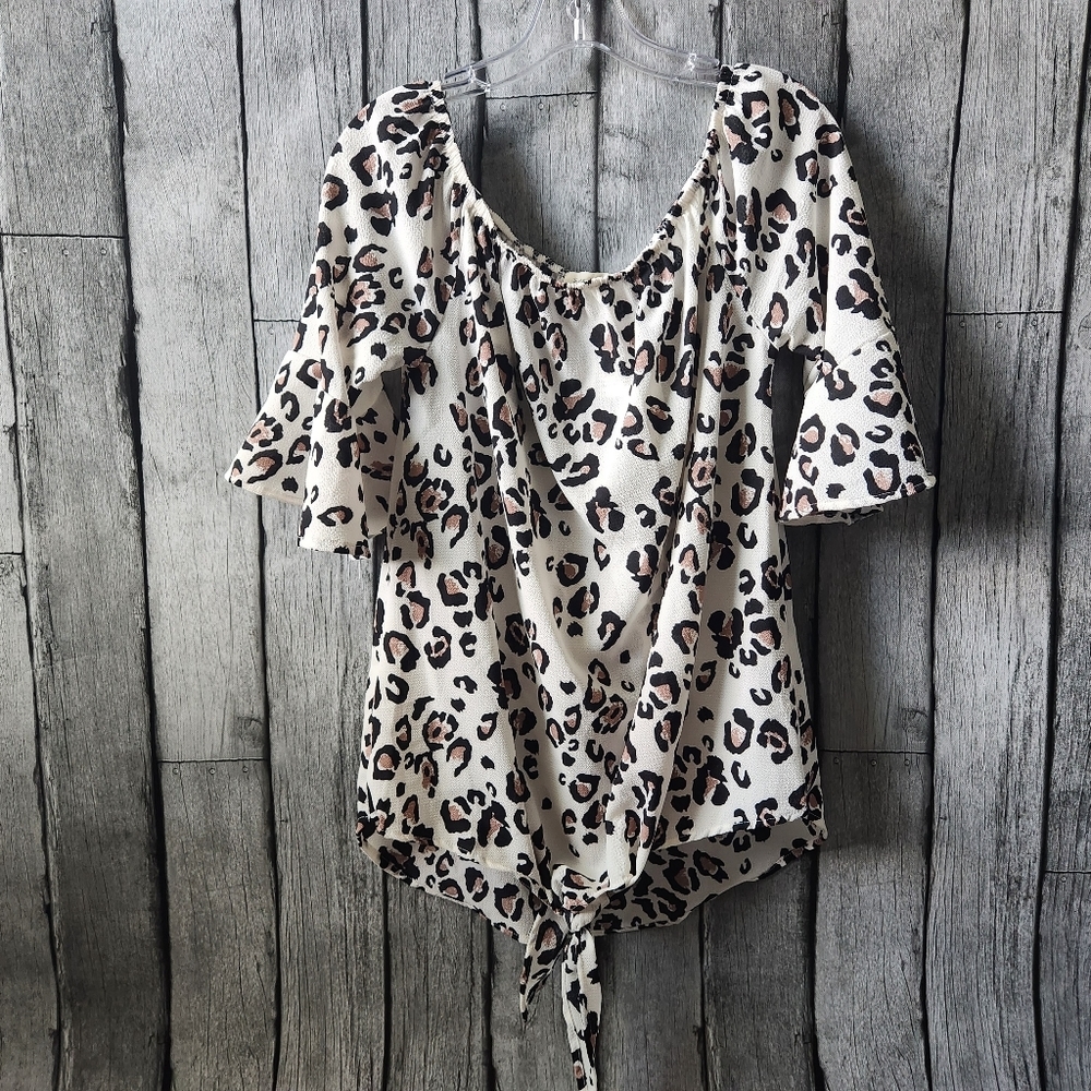 Leopard Print Tie-Hem Blouse - Cream and Brown